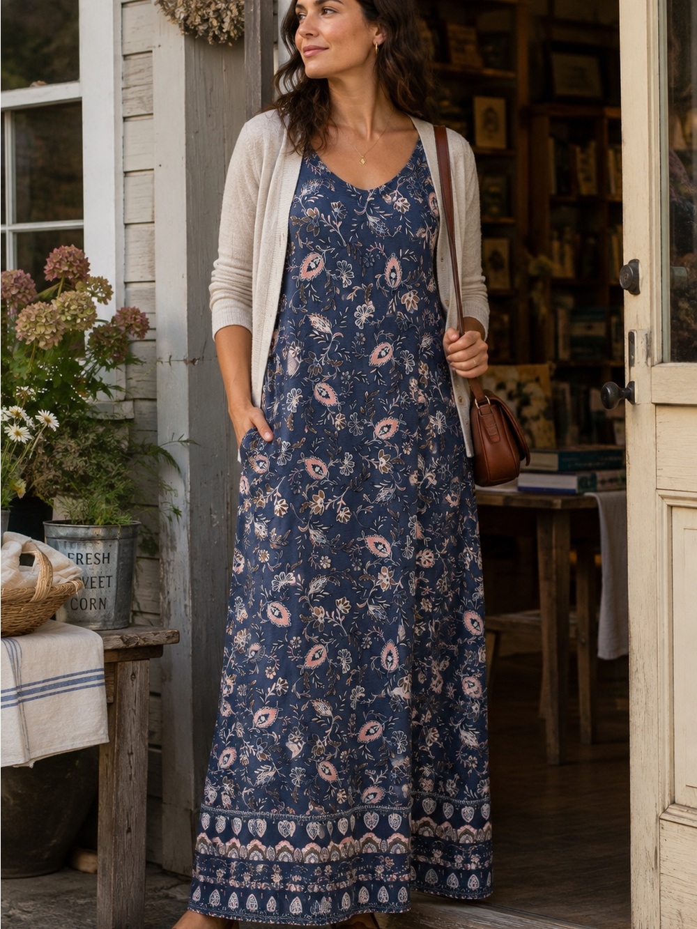 J Jill Floral Paisley Border Maxi Dress M Blue Rayon Stretch Pockets Fall Cottag